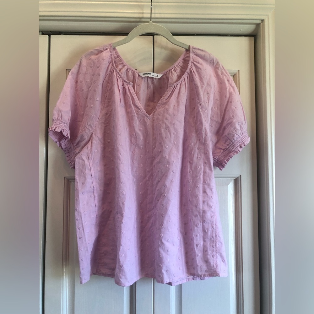Sonoma lilac, M, short sleeve v neck tunic pullover with smocking on each sleeve